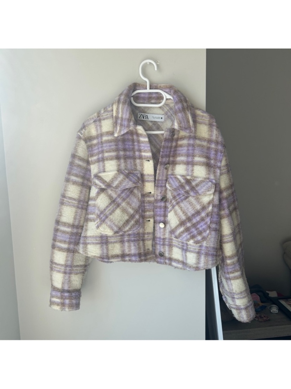 Zara Lavender and Cream Cropped Plaid Coat Small 🌼